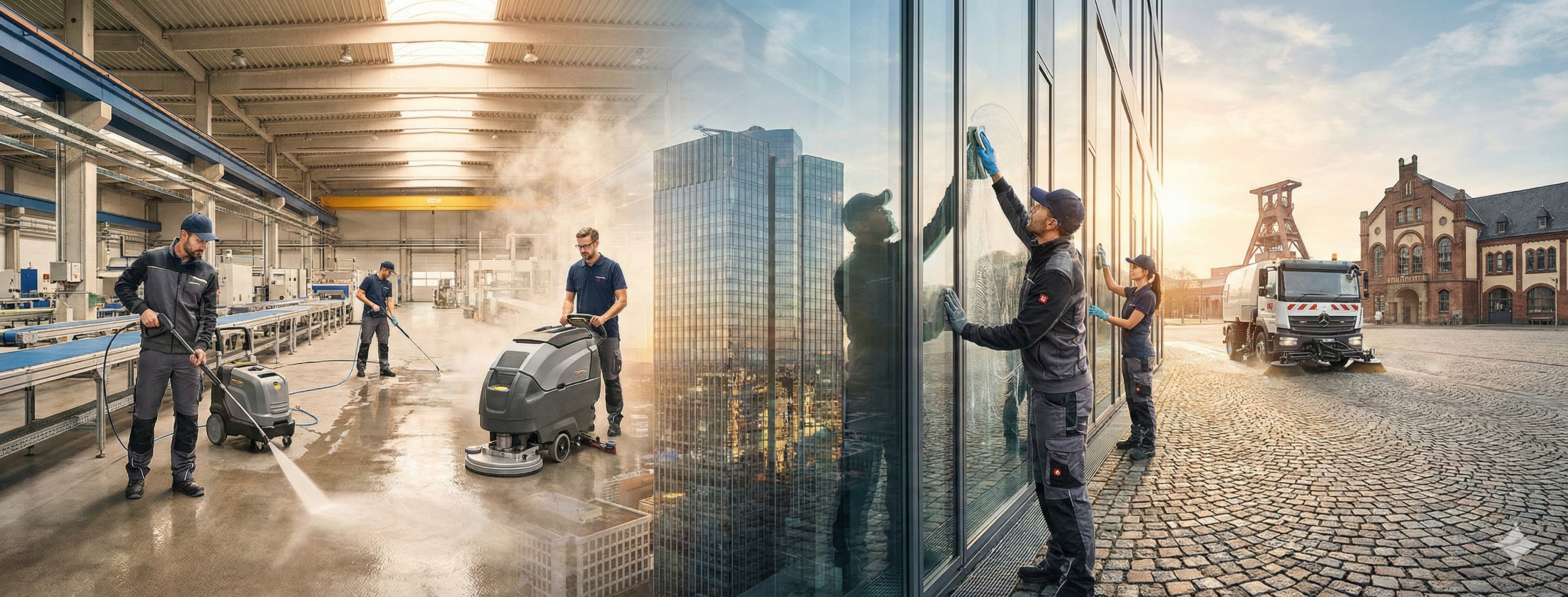 Title Bild der Webseite, zeigt verschiedene Menschen am Arbeiten in der Gebäudereinigung.